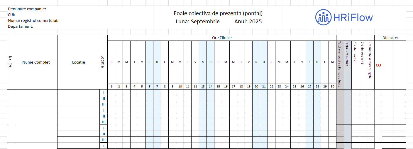 imagine cu un model pontaj pe locații septembrie 2025 gratuit în excel