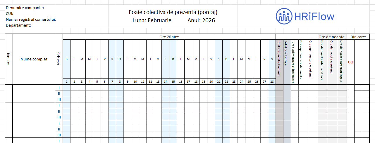 imagine cu un model pontaj pe schimburi februarie 2026, gratuit, în excel