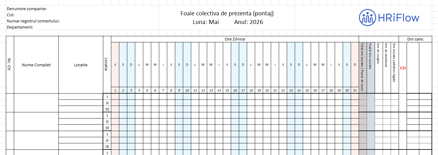 imagine cu un model pontaj pe locații mai 2026 gratuit în excel