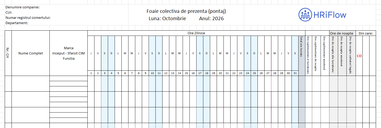 imagine cu un model pontaj cu număr de marcă pentru luna octombrie 2026 gratuit în excel