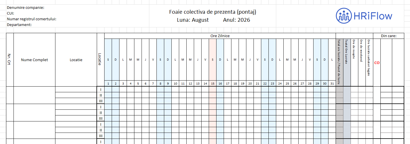 imagine cu un model pontaj pe locații pentru luna august 2026 gratuit în excel