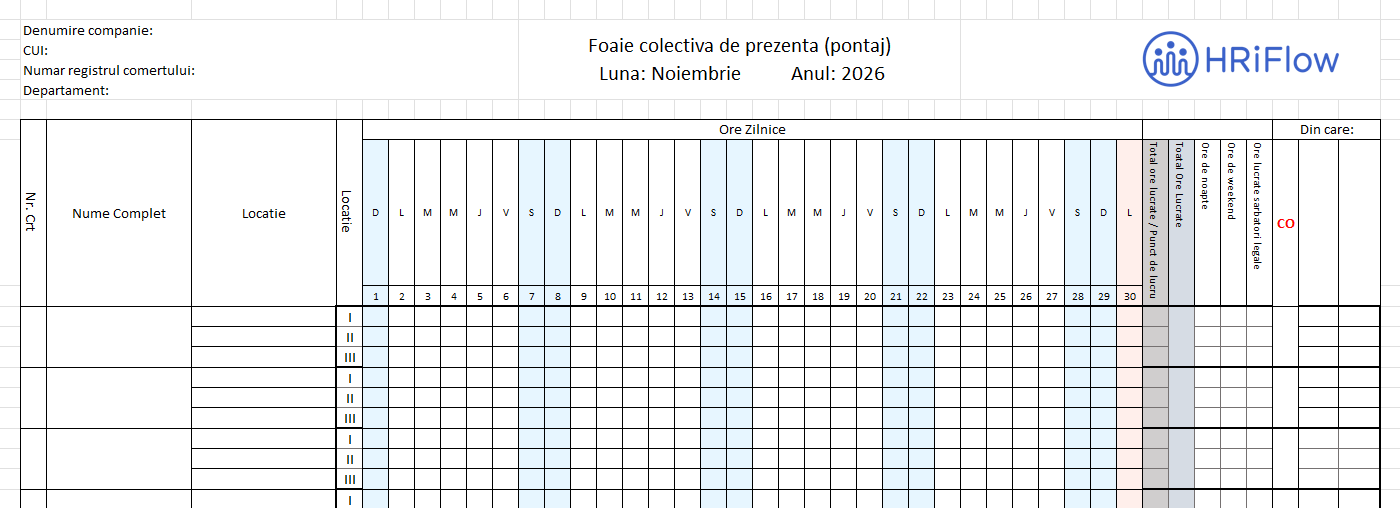imagine cu un model pontaj spe locații pentru luna noiembrie 2026 gratuit în excel