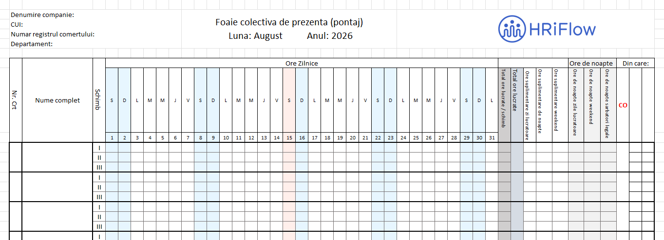 imagine cu un model pontaj pe schimburi pentru luna august 2026 gratuit în excel