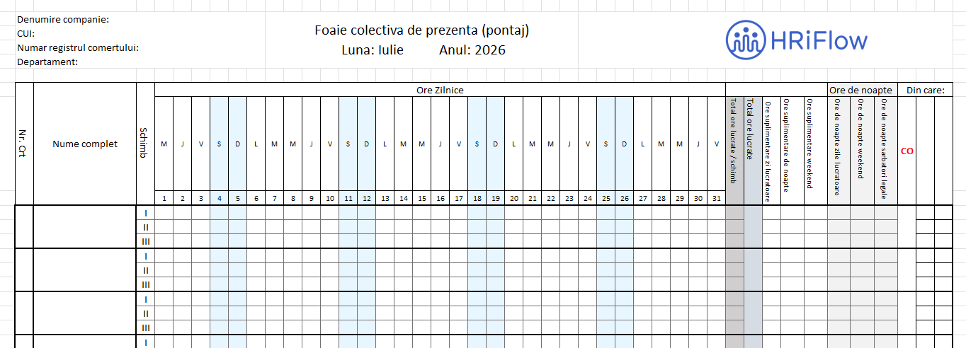imagine cu un model pontaj pe schimburi pentru luna iulie 2026 gratuit în excel