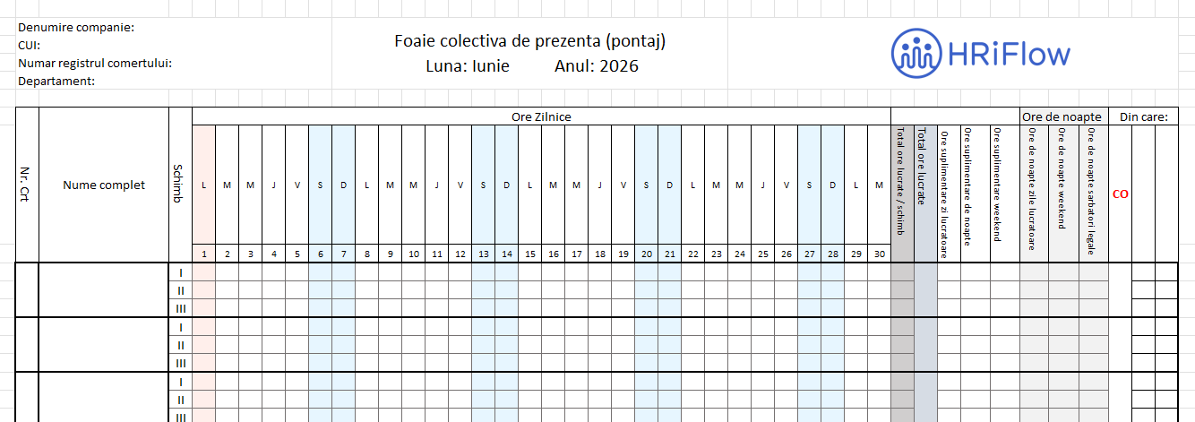 imagine cu un model pontaj spe schimburi pe luna iunie 2026 gratuit în excel