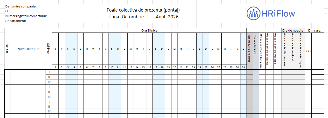 imagine cu un model pontaj spe schimburi pentru luna octombrie 2026 gratuit în excel