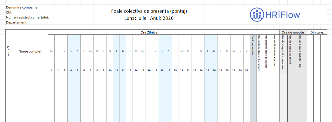 imagine cu un model pontaj simplu iulie 2026 gratuit în excel