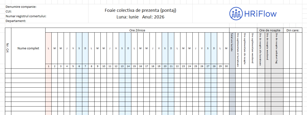 imagine cu un model pontaj simplu iunie 2026 gratuit în excel